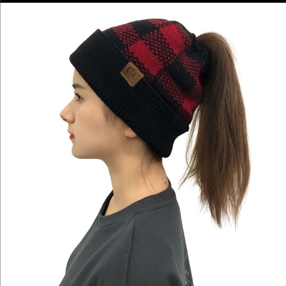 C.C Red and Black Buffalo Plaid Ponytail Hole Beanie NEW - Picture 2 of 2